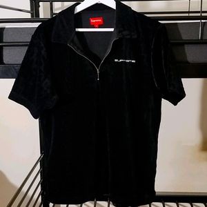 Black Velour Zip Up Polo Shirt M